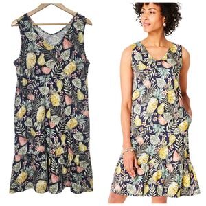 J.Jill Tropical Fruit Print navy Dress Med Petite Cotton Modal Flounced Hem